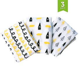Muslin Baby Swaddle Blankets, 48x48 (3 Pack) Black, Gold, Cloud, Tree, Loops …