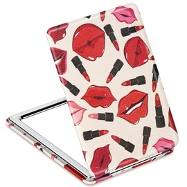 YTLX Quality Vanity Compact Makeup Mirror for Girls Women, Stylish Slim Travel Cosmetic Mirrors for Pocket Purse Wallet Handbag, Portable Magnifying Handheld Small Mirror with Red PU Leather