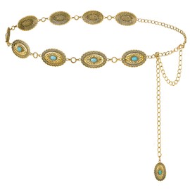 FIORETTO Turquoise Concho Chain Belt for Women Metal Waist Chain Link Western Cowgirl Boho Belts for Dress Jeans Gold