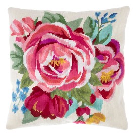 Trimits Half Stitch Cross Stitch Cushion Kit, Cushion Back Included, Pre Printed Canvas, Yarn and Needle Included 40 x 40cm (15.75 x 15.75in), Spring Bloom