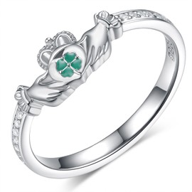 Claddagh Ring 925 Sterling Silver Claddagh Four Leaf Clover Ring Irish Claddagh Lucky Jewelry Gift for Women(7)