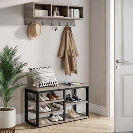 LITTLE TREE Coat Shoe Rack, Hall Tree Entryway Bench Set for Hallway, Living Room, Bedroom, Grey