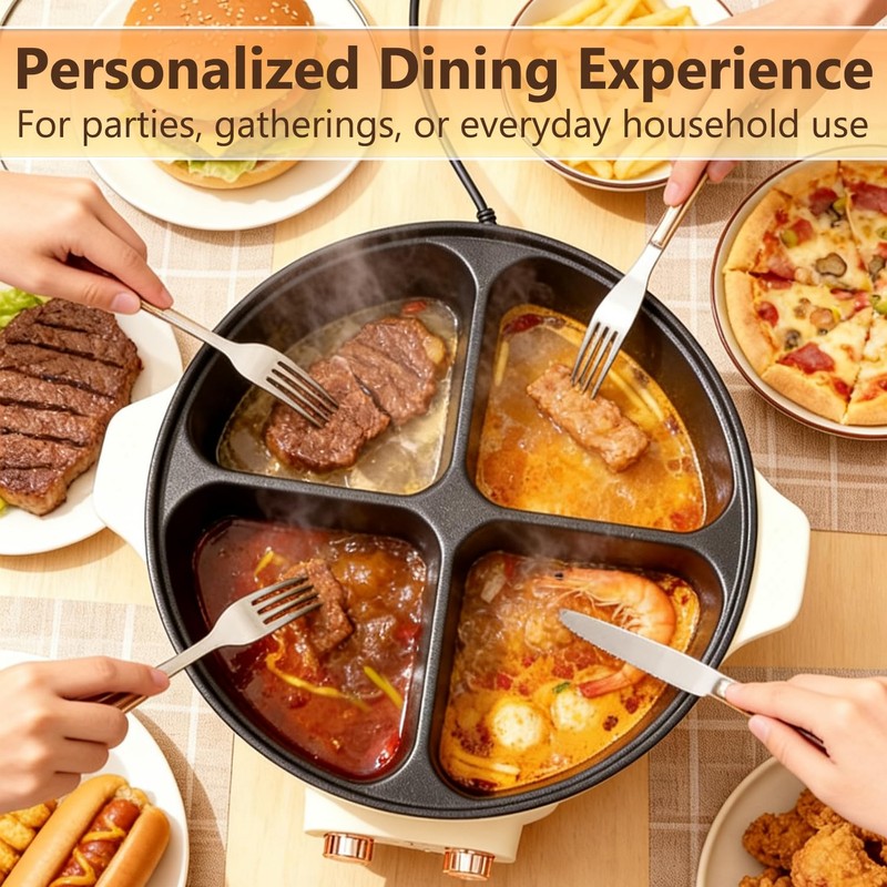 Yuidirtu Electric Hot Pot Cooker, 4 Compartment Divider Pot, 6.3QT