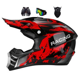 Children's Motorcycle Helmet, Full Face Downhill Motocross Helmet, Youth Cross Helmet, Motorcycle, MTB, Enduro Quad, for Mountain Bike, MTB, ATV, Mountain Buggy, Sports Protection, with Gloves, Mask