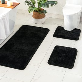 MIULEE Bathroom Rugs Sets 3 Piece with Toilet Mat and Runner Rugs, Non Slip Absorbent Microfiber Bath Mats Sets for Restroom, Machine Washable, 16''x24''+ U Shaped 20''x24''+24''x60'', Black