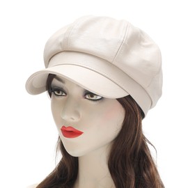 ZLYC Women's PU Leather Newsboy Caps Gatsby Cabbie Hat for Girls, cream white