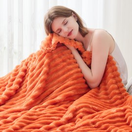 NEWCOSPLAY Fleece Throw Blanket 3D Ribbed Orange Blanket for Couch Super Soft Cozy Warm All Seasons Use (Orange Ribbed, Throw(50"x60"))