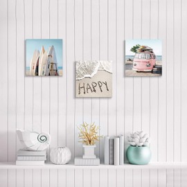Costal Canvas Wall Art Pictures: Surfboards & Pink Car on Sand Artwork Canvas Painting for Living Room (12” x 12'' x 3 Panels)
