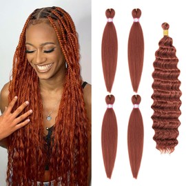 Dorsanee Ginger Braiding Hair for Boho Braids 20 Inch 4 Packs Pre Braiding Braiding Hair and 18 Inch 1 Pack Deep Wave Braiding Hair for Crochet Boho Braids Synthetic Hair Extensions (350#)