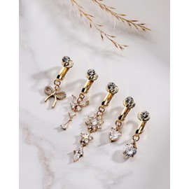 Button Piercing for Women Clip on Belly Button Rings Gold Plated Clear Round Heart Cubic Zirconia Butterfly Flower Bow Fake Belly Piercing Fake Belly Ring