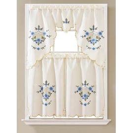 Sapphire Home 3 Piece Kitchen Curtain Linen set - 2 Tiers 30" W (Total Width 60") x 36" L and 1 Swag Valance 60" W x 36" L-Solid Embroidery Kitchen Curtain Décor Linen Short Panels(KC,Rita,Royal Blue)