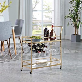 FirsTime & Co. Gold Francesca Bar Cart, 2 Tier Mobile Mini Bar, Kitchen Serving Cart and Coffee Station with Storage for Wine and Glasses, Metal and Glass, Modern