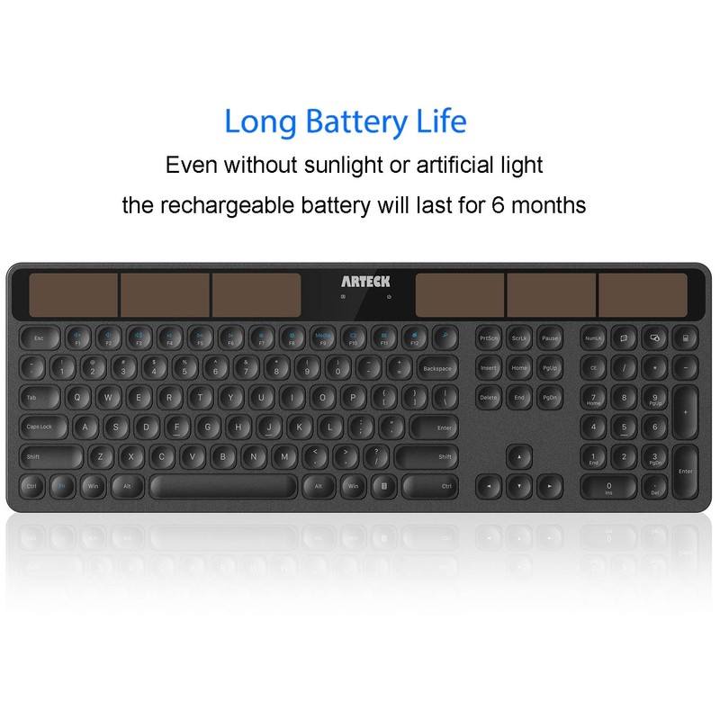 Arteck Wireless Solar Keyboard Full Size Solar Recharging Keyboard for