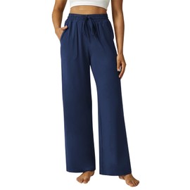 DLOODA Wide Leg Pants Women High Waisted Slacks Lounge Baggy Flowy Palazzo Pants with Pockets（Navy Blue M）