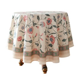 ISAENNE French Tablecloth for Round Tables,Linen Table Cloth with Pink Flowers and Leavs Pattern,Heavy Durable Table Cover for Dining Thanksgiving Kitchen Decor Party Christmas,Diameter 55"