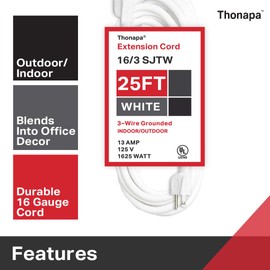 Thonapa 2 Pack White Extension Cord 25 ft, 16/3 SJTW Weatherproof Indoor & Outdoor Extension Cord 3 Prong Grounded Plug, Heavy Duty Power Cable Great for Home, Office, Outdoor Lights, US Veteran Owned
