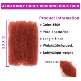 Afro Kinky Curly Braiding Hair for Dreadlock Extensions Repair Locs 3 Packs Synthetic Afro Kinkys Bulk Hair Bundles Micro Spring Afro Twist Hair Bulk for Mini Twist Hair (350#, 8 Inch)