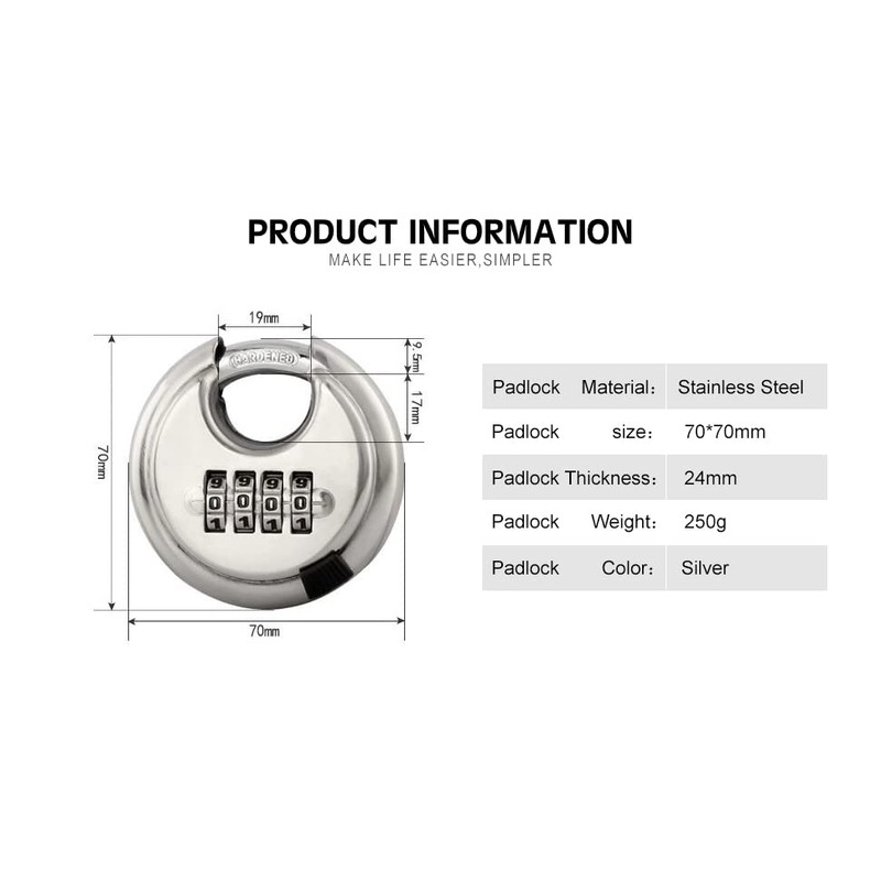 10 Pack Stainless Steel Discus Padlock 4 Digit (3inch) Combination