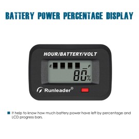 Runleader LCD Battery Indicator Volt Meter,Programmable Volt 12V 24V 36V 48V,Waterproof Battery Charge Meter for Lead Acid Trojan LiFePO4 AGM GEL,Total Hours Record for Golf Cart Forklift Club Car.