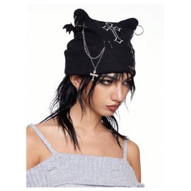 WDIRARA Women's Goth Cat Ear Bat Wing Beanie Knit Hat Grunge Punk Caps Beanies with Cross Chain Black One-Size