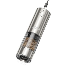 Electric Pepper and Salt Grinder Stainless Steel Rechargeable Pepper Mill with External Adjustable Coarseness, 95ml Container and White LED Light, Silver (1 Pack)