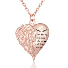 Loybora Angel Wing Heart Cremation Urn Necklace for Ashes Keepsake Pendant Memorial Locket Stainless Steel Ash Holder Jewelry Women Men, Steel, No Gemstone, Rose Gold (L001-RG)