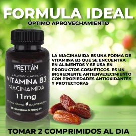 Vitamina B3 Niacinamida Prettan 60 Cápsulas 500mg