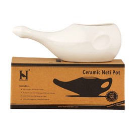 HealthGoodsIn Ceramic Neti Pot, Dishwasher Safe, for Nasal Cleansing + 5 Sachet Neti Salt, Without Handle (White)
