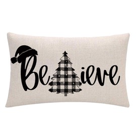 7COLORROOM 2Pack Black Christmas Pillow Cover Believe with Buffalo Check Tree Rectangular/Waist Cushion Cover Farmhouse Merry Christmas Decor 12”x 20”Pillowcases for Winter Holiday