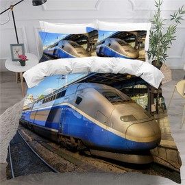 Train Bed Linen 135 x 200 cm Boys Girls Bed Linen Railway 135 x 200 cm Children's Summer Winter Microfibre Bed Set Electric Locomotive Train Bed Linen Set with 2 Pillowcases 80 x 80 cm