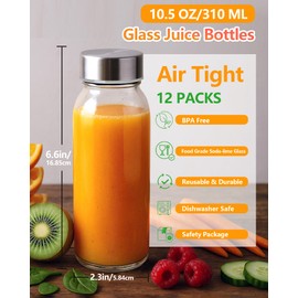 Zukro Glass Water Bottles with Lids 10.5 oz, 12 Pack Clear Reusable Glass Small Juice Bottles With Stainless Steel Cap for Juicing, Milk, Ginger Shot, BPA-Free Leak Proof 300ml Drinking Container Jar