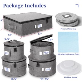 LUXULA China Storage Containers for 12 Place Setting with Two Plate Bags, 5 Pcs Hard Shell Quilted China Storage Cases for Dinner Plates, Salad Plates, Dessert Plates, Saucers, Cups & Mug Storage