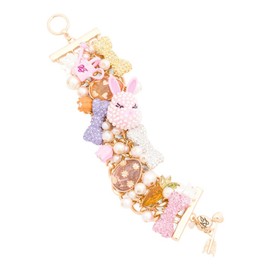 Betsey Johnson Charm Bracelet, Pink Bunny Design with Pearls and Crystals, 7 inches, Toggle Closure