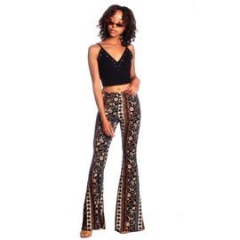 SWEETKIE Boho Flare Pants, Elastic Waist, Wide Leg Pants for Women, Solid & Printed, Stretchy and Soft (Black Blue Rust 10020, Medium)