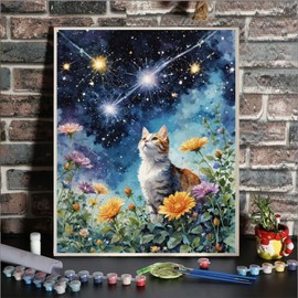Paint By Number For Adult Beginner - Cat and Starry Sky DIY Painting Kit on Canvas Without Frame - Home Wall Decor Gift