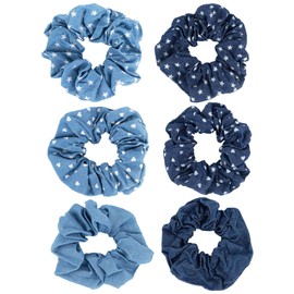 Framendino, 6 Pack Blue Denim Scrunchies Blue Jeans Hair Ties Ponytail Holders for Women