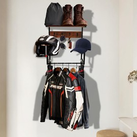 NANXITU Motorcycle Helmet Holder Wall Mount, Wooden Helmet Display Stands with Metal Frame Tiered Organizer,with 2 Helmet Rack,4 Glove Chips and 8 Hooks for Motorcycle Gear Accessories Storage