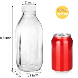 Bekith 6 Pack Liter Glass Milk Bottles with Airtight Screw Lid, 32 Oz Glass Juice Bottles, Reusable Glass Beverage Drinking Jar Juice Container for Milk, Honey, Jam (Extra 6 Lid with Silicone Gasket)