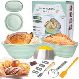 Silikon ärkörbchen für Brot,Gärkorb zum Brotbacken,9 Zoll rundes und 10 Zoll ovales faltbares Sauerteig-Starterkit,Komplettes Set für die Brotbackung mit wichtigen Werkzeugen