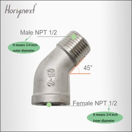Horiznext shower pipe NPT 1/2 elbow fitting, 45 degree angle npt stainless steel adapter, female to male casting connector