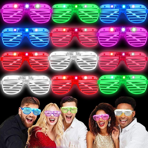 Kimimara Neon Glasses Party - 12 Pack LED Light up Glasses Glow in the Dark Kids Shutter Shades Glasses Flashing Sunglasses for Adults Rave Party Set Happy New Years Eve Party Glasses
