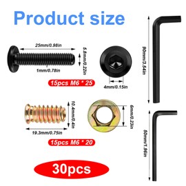 30 Pcs M6 Threaded Inserts for Wood with Bolts Set: 15 Furniture Hex Socket Drive Screw-in Nuts(M6x 20mm) & 15 Furniture Screws Flat Head Hex Socket Bolts(M6x 25mm), for Wood Furniture,with 2 Wrench