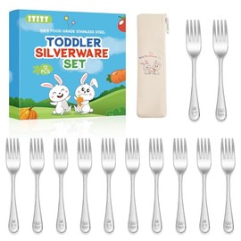 12 Pieces Stainless Steel Toddler Utensils Set Kids Forks - Food Grade Kids Silverware Set Children Safe Small Forks Mirror Polished Sturdy and Durable Dishwasher Safe