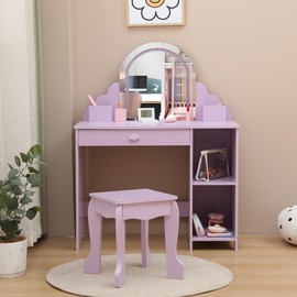 Kids Vanity with Lighted Mirror & Stool, Little Girls Vanity with Adjustable LED Light, Storage Drawer & Shelves for Girls 3-9, Purple