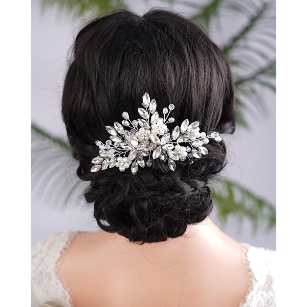 Kercisbeauty Crystal and Pearl Silver Hair Comb for Women Girls Wedding Bridal Boho Handmade Jewellery (Silver)