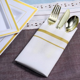 SUZZYVINE Servilletas desechables doradas con bolsillo integrado para cubiertos, servilletas de almuerzo como tela para fiestas de boda, sensación de lino, 50 unidades, 16 x 16 pulgadas
