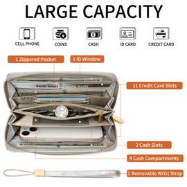 SENDEFN Women's Large Leather Wallet with RFID Protection, Large Capacity Long Purse with Removable Wrist Strap, Bright silver