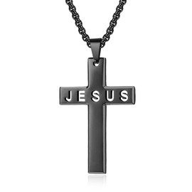 Rnivida Black Stainless Steel Jesus Cross Necklace with Chain 24'',Baptism Gifts for Men,First Communion,Religious Christian Jewelry Gifts for Men Husband Father