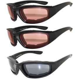 OWL Motorcycle Padded Riding Glasses Smoke and Amber Lens Mens Womens 3 Pack
