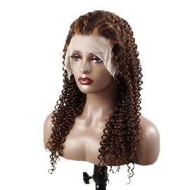 Lakaisa Curly Wave Glueless Human Hair Wig Real Hair Wig Grade 8 A 100% Brazilian Real Hair 13 x 1 HD Lace 180% Density with Baby Hair P430 Highlight Colour for Women No Smell 24 Inches / 61 cm